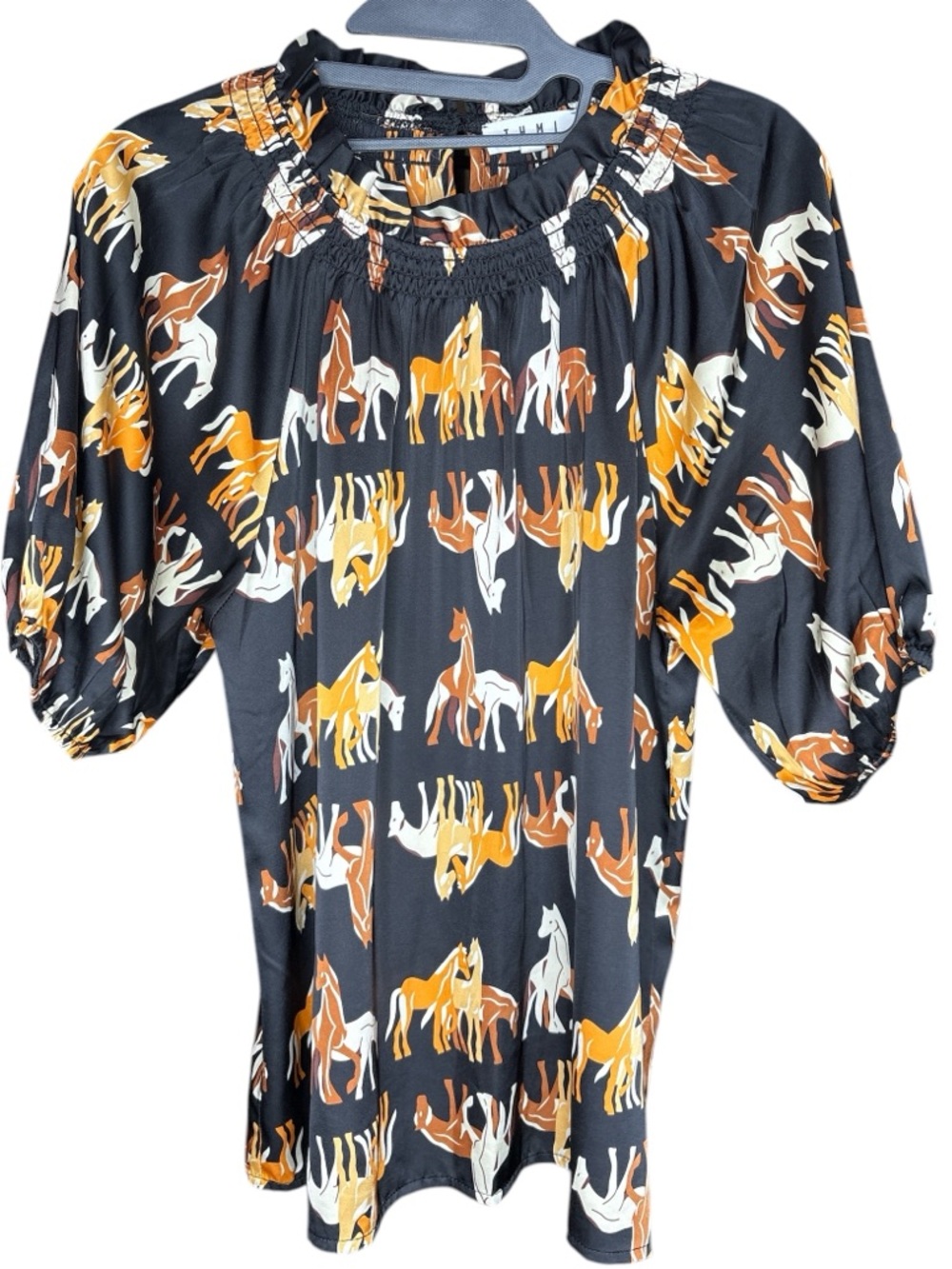 Black Horse Print Puff Sleeve Top - Multicolor Equestrian Pattern